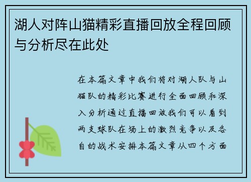 湖人对阵山猫精彩直播回放全程回顾与分析尽在此处